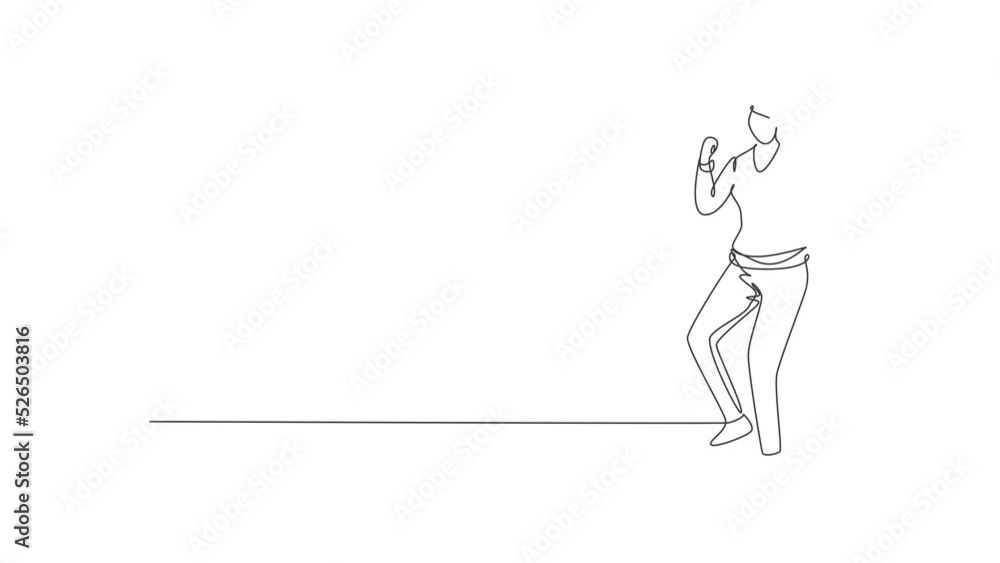 Poster animated self drawing of continuous line draw female painter stands with celebrate gesture using a h