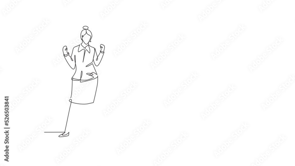 Poster self drawing animation of single one line draw flight attendant stands with celebrate gesture and un
