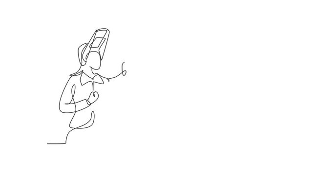 Animated self drawing of single continuous line draw female welder with celebrate gesture works in construction of building forming steel frame that is melted by fire. Full length one line animation.