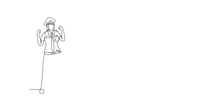 Self drawing animation of single one line draw female pilot stands with celebrate gesture and complete uniform serves airplane passengers fly to destination. Continuous line draw. Full length animated