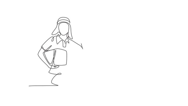 Animated self drawing of continuous line draw deliverywoman with celebrate gesture, carrying package box to be delivered to customers with best service. Success job. Full length single line animation.