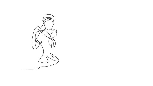 Animated drawing of single continuous line draw sailor woman with celebrate gesture and scarf around her neck ready sail across seas in ship headed by captain. Full length one line animation.