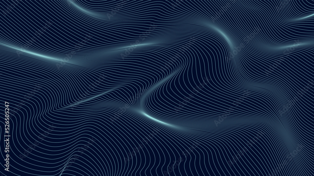 Poster perspective distorted blue grid. digital background with wireframe wave. vector curve surface.