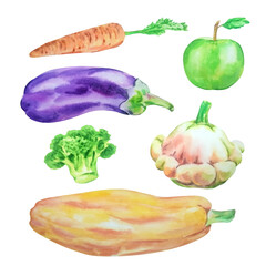 Set of vegetables, squash, eggplant, carrot, apple, broccoli