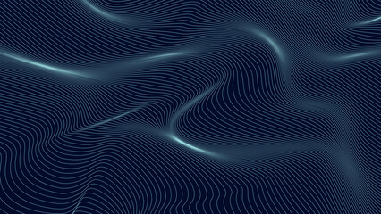 Perspective distorted blue grid. Digital background with wireframe wave. Vector curve surface.
