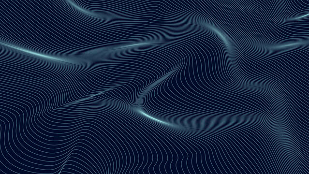 Perspective distorted blue grid. Digital background with wireframe wave. Vector curve surface.