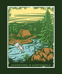 Tshirt or poster design with illustration of wild nature and tent
