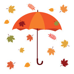 Umbrella and falling colorful autumn maple leaves. Vector illustration isolated on white background