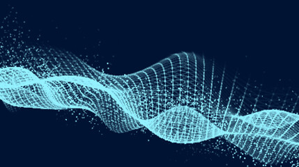 Futuristic moving wave. Digital background with moving glowing particles and lines. Big data visualization. Vector illustration.
