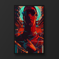 Cyberpunk man portrait.The concept of virtual reality. Man fashion concept, minimalistic style. Trendy modern illustration for poster, banner, cover.