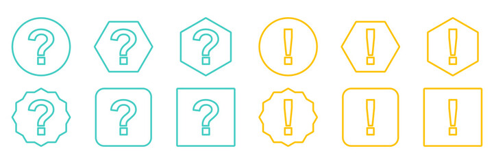 Question mark Icon Set, FAQ sign, Help symbol. Exclamation mark Icon Set, Attention sign, Caution icon, Hazard warning symbol. Light blue and Yellow style.