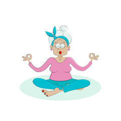 A lovely elderly retired female grandmother does yoga. Lotus pose. Active healthy lifestyle. Cartoon flat insulated illustration cricutura.