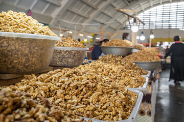 Peeled walnuts for sale close-up on the local food market in Georgia
