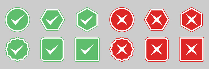 Check and wrong marks Icon Set, Tick and cross marks, Accepted,Rejected, Approved,Disapproved, Yes,No, Right,Wrong, Green,Red, Correct,False, Ok,Not Ok - vector mark symbols in green and red.