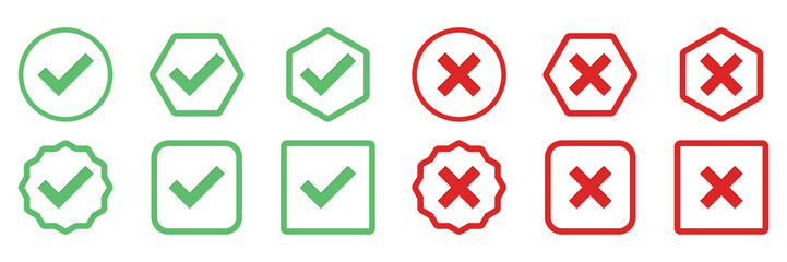 Check and wrong marks Icon Set, Tick and cross marks, Accepted,Rejected, Approved,Disapproved, Yes,No, Right,Wrong, Green,Red, Correct,False, Ok,Not Ok - vector mark symbols in green and red.