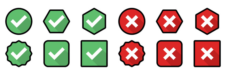 Obraz premium Check and wrong marks Icon Set, Tick and cross marks, Accepted,Rejected, Approved,Disapproved, Yes,No, Right,Wrong, Green,Red, Correct,False, Ok,Not Ok - vector mark symbols. Black stroke design.