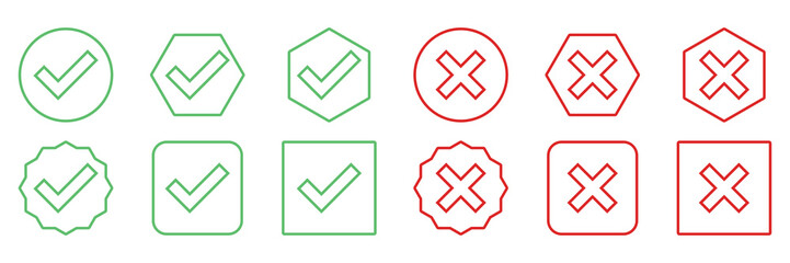 Fototapeta premium Check and wrong marks Icon Set, Tick and cross marks, Accepted,Rejected, Approved,Disapproved, Yes,No, Right,Wrong, Green,Red, Correct,False, Ok,Not Ok - vector mark symbols in green and red.