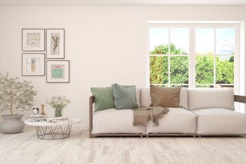 Minimalist living room in white color with sofa and summer landscape in window. Scandinavian interior design. 3D illustration