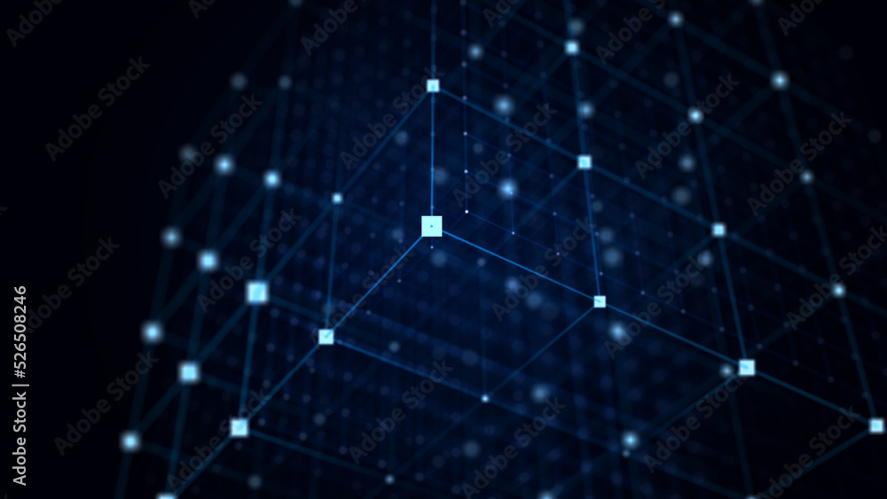 Poster Abstract wireframe cube. Digital blockchain concept. Futuristic blue background with dots and lines. 3D rendering.