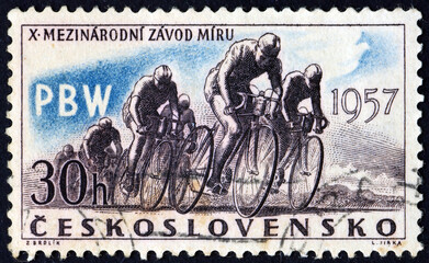 Postage stamp Czechoslovakia 1957 cyclists - obrazy, fototapety, plakaty