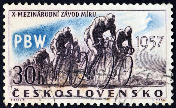 Postage stamp Czechoslovakia 1957 cyclists