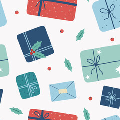Obraz premium Colorful seamless pattern with cute gift boxes. Background with presents for Christmas, Birthday, Sale etc. Flat style. Vector illustration