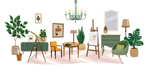Interior set with furniture, plants and decor. Cozy room interior in modern classic style. Vector illustration, banner
