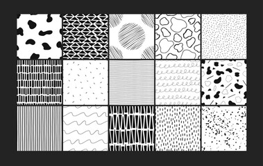 Abstract seamless black and white pattern set of hand drawn doodle elements. Waves, drops, triangles, strokes etc. Scandinavian design style. Vector illustration for textile, backgrounds etc