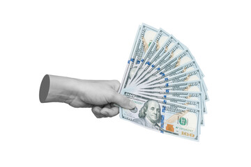 Female hand holding a stack of hundred-dollar cash bills isolated on a white background. Shopping, payment for purchases, banking operations. Money concept. Trendy 3d contemporary art. Modern design