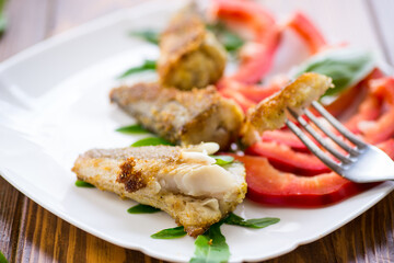 Pieces of fried hake fish in a plate with pepper