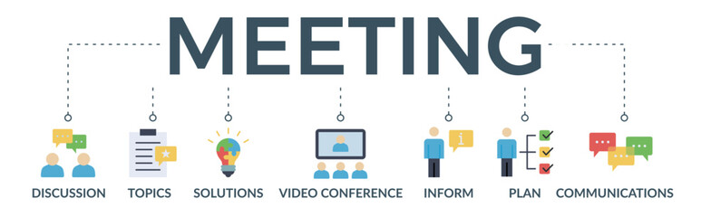 Meeting banner web icon vector illustration for business meeting and discussion with communications, topics, solutions, plan, inform and video conference icon