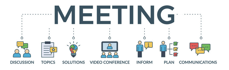 Meeting banner web icon vector illustration for business meeting and discussion with communications, topics, solutions, plan, inform and video conference icon