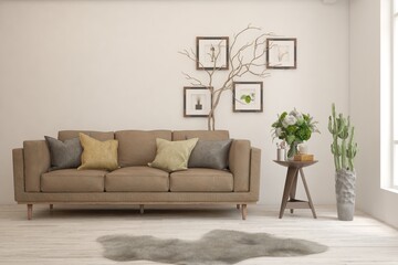 Modern living room in white color with sofa. Scandinavian interior design. 3D illustration