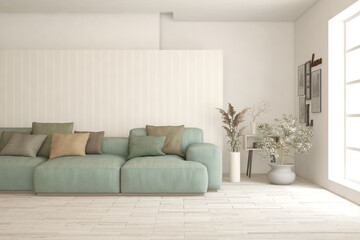 White living room with sofa. Scandinavian interior design. 3D illustration