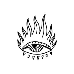 Isolated mystical sacred All-Seeing Eye with fire, black and white symbol, logo or label. Witchy gothic vintage ancient clipart in dark boho spiritual style. Perfect for T-shirt designs, tattoo