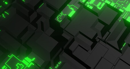 abstract background using geometric texture patterns and bright green lines which is synonymous with tech sci-fi theme, perspective camera, 3d rendering and 4K size