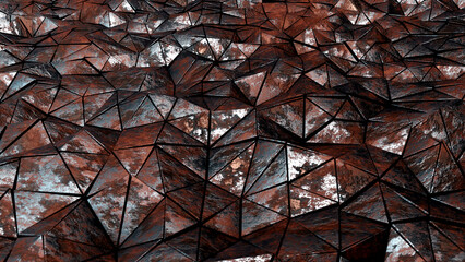 Realistic 3D illustration of the aged and weathered rusty metal triangles pattern rendered as background