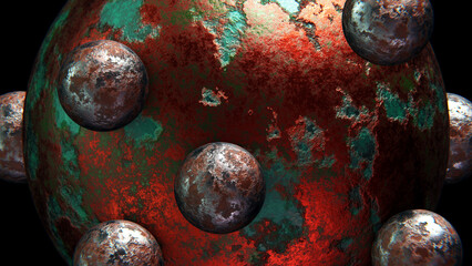 Obraz na płótnie Canvas Realistic 3D illustration of the aged corroded copper sphere with rolling small weathered silver metal spheres as satellites rendered