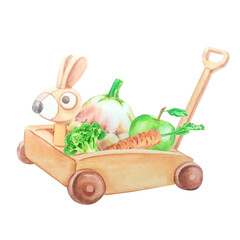 Baby cart with vegetables, squash, carrot, apple, broccoli