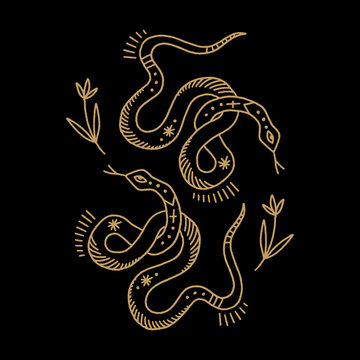 Medieval celestial folk vintage boho snakes vector and jpg printable image, unique clipart illustration, editable isolated details. Perfect for poster or postcard template, t-shirt clothes design