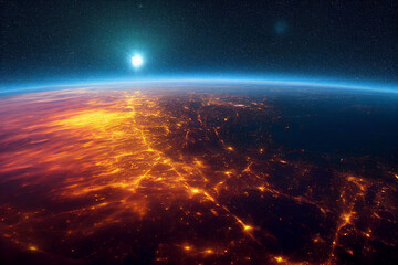 Fototapeta na wymiar Beautiful view on planet Earth from space at night with city light, fantasy and futuristic, digital minimal art style, background wallpaper