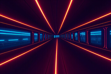 Abstract sci fi futuristic hallway dark room in space station with glowing neon lights background, digital art design