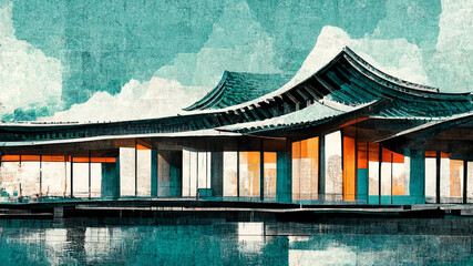 Illustration of traditional Korean architecture ancient style, tourist attraction, landmark...