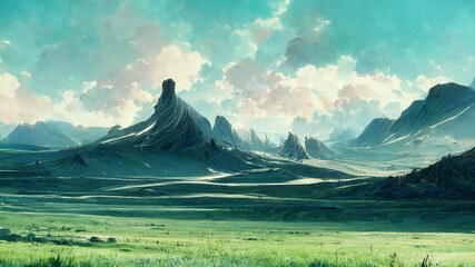 Beautiful landscape of mountain and green field background, digital illustration art, fantasy concept