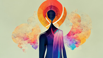 Abstract digital art human meditation enlightenment aura background, illustration design, mindful and spiritual concept