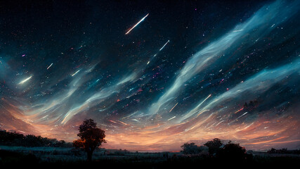 Fototapeta na wymiar Abstract Meteor star trails and aurora on night sky background fantasy, digital art style, illustration design