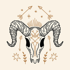 Boho animal ram skull in tribal witchy dark bohemian vintage retro style. Digital stickers, wild west cartoon doodles decor. Unique vector design. Mexico dangerous desert concept, country and rock