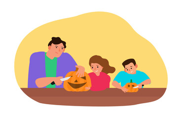 happy halloween prepare scene father and children carving pumpkins vector illustration