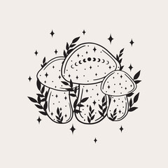 Simple magic mushrooms. Line art mushroom, vector art.