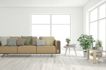 White living room with sofa. Scandinavian interior design. 3D illustration